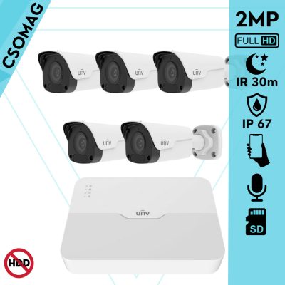 Uniview 5 cső kamerás IP megfigyelőrendszer 2MP biztonsági kamera, 2.8 mm-es fix objektív, SD kártya foglalattal, PoE, beépített mikrofonnal, IR 30, kültéri
