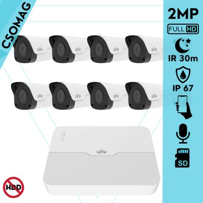 Uniview 8 cső kamerás IP megfigyelőrendszer 2MP biztonsági kamera, 2.8 mm-es fix objektív, SD kártya foglalattal, PoE, beépített mikrofonnal, IR 30, kültéri