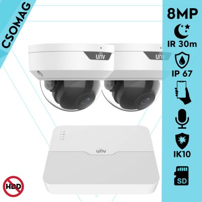 Uniview 2 dome kamerás IP megfigyelőrendszer 8MP biztonsági kamera, 2.8 mm-es fix objektívvel, SD kártya foglalattal, PoE, beépített mikrofonnal, IR LED 30m, IK10 vandálbiztos, kültéri