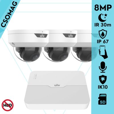 Uniview 3 dome kamerás IP megfigyelőrendszer 8MP biztonsági kamera, 2.8 mm-es fix objektívvel, SD kártya foglalattal, PoE, beépített mikrofonnal, IR LED 30m, IK10 vandálbiztos, kültéri