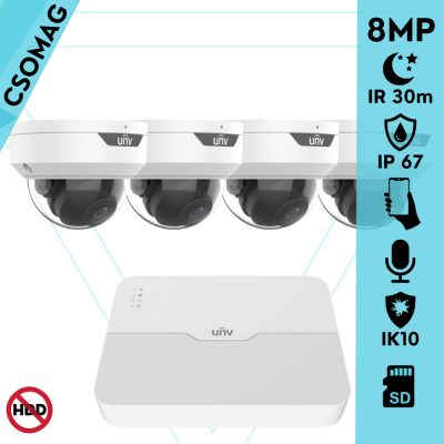 Uniview 4 dome kamerás IP megfigyelőrendszer 8MP biztonsági kamera, 2.8 mm-es fix objektívvel, SD kártya foglalattal, PoE, beépített mikrofonnal, IR LED 30m, IK10 vandálbiztos, kültéri
