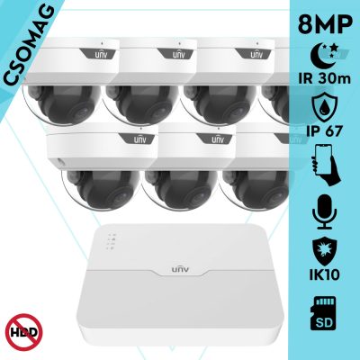 Uniview 7 dome kamerás IP megfigyelőrendszer 8MP biztonsági kamera, 2.8 mm-es fix objektívvel, SD kártya foglalattal, PoE, beépített mikrofonnal, IR LED 30m, IK10 vandálbiztos, kültéri