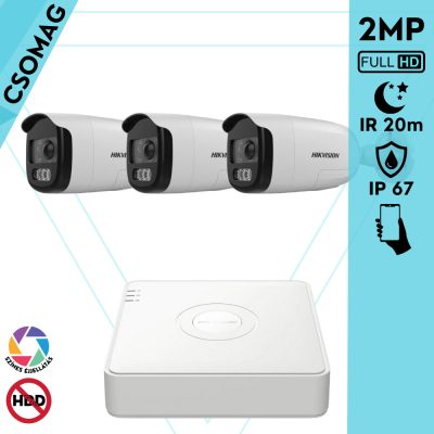 Hikvision 3 cső kamerás analóg megfigyelőrendszer 2MP biztonsági kamera, ColorVU, 2.8 mm fix objektív, megvilágítás távolság 20 m, kültéri