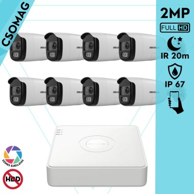 Hikvision 8 cső kamerás analóg megfigyelőrendszer 2MP biztonsági kamera, ColorVU, 2.8 mm fix objektív, megvilágítás távolság 20 m, kültéri