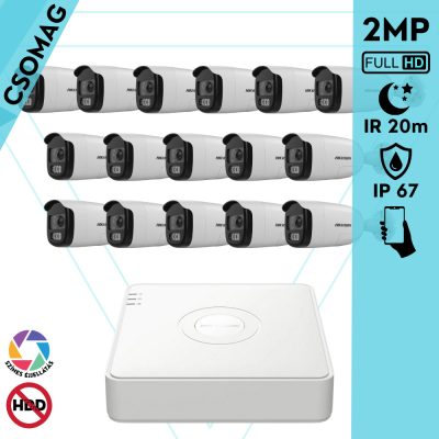 Hikvision 16 cső kamerás analóg megfigyelőrendszer 2MP biztonsági kamera, ColorVU, 2.8 mm fix objektív, megvilágítás távolság 20 m, kültéri