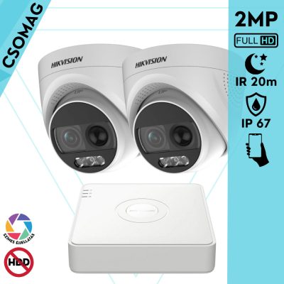 Hikvision 2 turret kamerás analóg megfigyelőrendszer 2MP biztonsági kamera, ColorVU, 2.8 mm fix objektív, megvilágítás távolság 20 m, kültéri