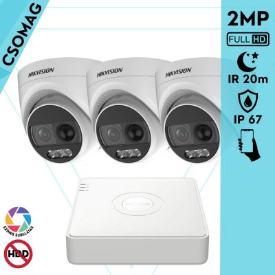 Hikvision 3 turret kamerás analóg megfigyelőrendszer 2MP biztonsági kamera, ColorVU, 2.8 mm fix objektív, megvilágítás távolság 20 m, kültéri