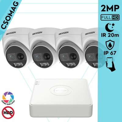 Hikvision 4 turret kamerás analóg megfigyelőrendszer 2MP biztonsági kamera, ColorVU, 2.8 mm fix objektív, megvilágítás távolság 20 m, kültéri