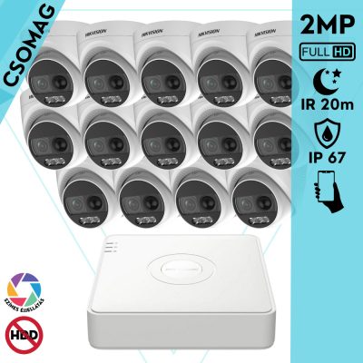 Hikvision 14 turret kamerás analóg megfigyelőrendszer 2MP biztonsági kamera, ColorVU, 2.8 mm fix objektív, megvilágítás távolság 20 m, kültéri