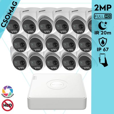 Hikvision 16 turret kamerás analóg megfigyelőrendszer 2MP biztonsági kamera, ColorVU, 2.8 mm fix objektív, megvilágítás távolság 20 m, kültéri
