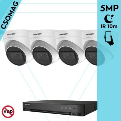 Hikvision 4 turret kamerás analóg megfigyelőrendszer 5 MP biztonsági kamera, 2.8 mm fix objektív, IR 10m, Digitális WDR, fém ház, beltéri