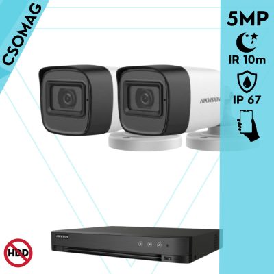 Hikvision 2 cső kamerás analóg megfigyelőrendszer 5 MP biztonsági kamera, 2.8 mm fix objektív, IP67, IR 10m, fém ház, kültéri
