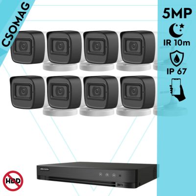 Hikvision 8 cső kamerás analóg megfigyelőrendszer 5 MP biztonsági kamera, 2.8 mm fix objektív, IP67, IR 10m, fém ház, kültéri
