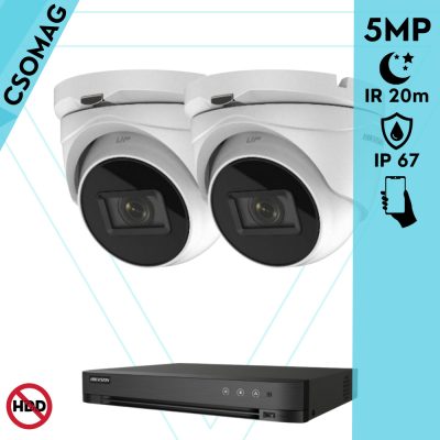 Hikvision 2 turret kamerás analóg megfigyelőrendszer 5 MP biztonsági kamera, 2.7 - 13.5 mm varifokális objektív, 4x motoros zoom, IR led, IP67, fém ház, kültéri