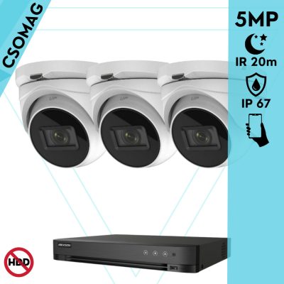 Hikvision 3 turret kamerás analóg megfigyelőrendszer 5 MP biztonsági kamera, 2.7 - 13.5 mm varifokális objektív, 4x motoros zoom, IR led, IP67, fém ház, kültéri