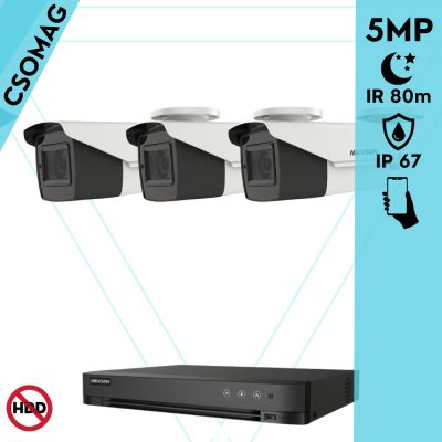 Hikvision 3 cső kamerás analóg megfigyelőrendszer 5 MP biztonsági kamera, IR led 80 m, 2.7 - 13.5 mm varifokális objektív, 4x motoros zoom, valós WDR, kültéri