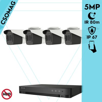 Hikvision 4 cső kamerás analóg megfigyelőrendszer 5 MP biztonsági kamera, IR led 80 m, 2.7 - 13.5 mm varifokális objektív, 4x motoros zoom, valós WDR, kültéri