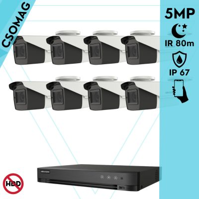 Hikvision 8 cső kamerás analóg megfigyelőrendszer 5 MP biztonsági kamera, IR led 80 m, 2.7 - 13.5 mm varifokális objektív, 4x motoros zoom, valós WDR, kültéri