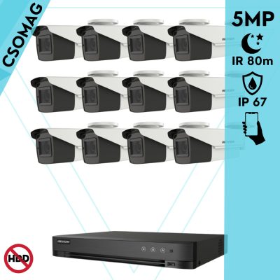 Hikvision 12 cső kamerás analóg megfigyelőrendszer 5 MP biztonsági kamera, IR led 80 m, 2.7 - 13.5 mm varifokális objektív, 4x motoros zoom, valós WDR, kültéri