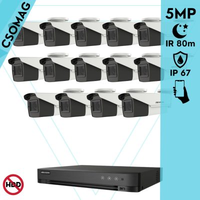 Hikvision 14 cső kamerás analóg megfigyelőrendszer 5 MP biztonsági kamera, IR led 80 m, 2.7 - 13.5 mm varifokális objektív, 4x motoros zoom, valós WDR, kültéri