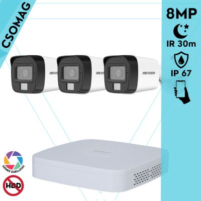 Hikvision 3 cső kamerás analóg megfigyelőrendszer 8 MP biztonsági kamera, 3.6 mm fix objektív, hibrid fény 30 m, fém ház, kültéri
