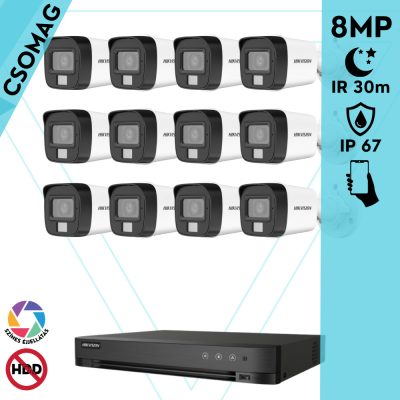 Hikvision 12 cső kamerás analóg megfigyelőrendszer 8 MP biztonsági kamera, 3.6 mm fix objektív, hibrid fény 30 m, fém ház, kültéri