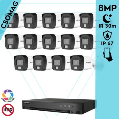 Hikvision 14 cső kamerás analóg megfigyelőrendszer 8 MP biztonsági kamera, 3.6 mm fix objektív, hibrid fény 30 m, fém ház, kültéri