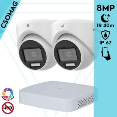 Hikvision 2 turret kamerás analóg megfigyelőrendszer 8 MP biztonsági kamera, 3.6 mm fix objektív, hibrid fény 40m, kültéri