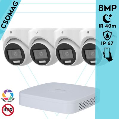 Hikvision 4 turret kamerás analóg megfigyelőrendszer 8 MP biztonsági kamera, 3.6 mm fix objektív, hibrid fény 40m, kültéri