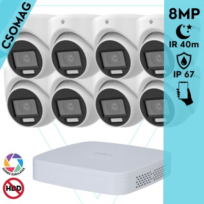 Hikvision 8 turret kamerás analóg megfigyelőrendszer 8 MP biztonsági kamera, 3.6 mm fix objektív, hibrid fény 40m, kültéri