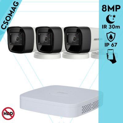 Hikvision 3 cső kamerás analóg megfigyelőrendszer 8 MP biztonsági kamera, 2.8 mm fix objektív, IR led 30 m, IP67, fém ház, kültéri