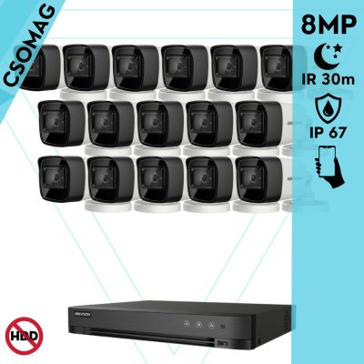 Hikvision 16 cső kamerás analóg megfigyelőrendszer 8 MP biztonsági kamera, 2.8 mm fix objektív, IR led 30 m, IP67, fém ház, kültéri