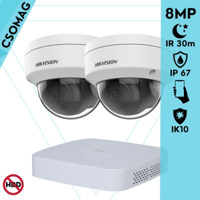 Hikvision 2 dome kamerás analóg megfigyelőrendszer 8 MP biztonsági kamera, 2.8 mm fix objektív, IK10 vandálbiztos, IR 30m, fém ház, kültéri