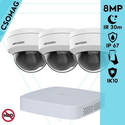 Hikvision 3 dome kamerás analóg megfigyelőrendszer 8 MP biztonsági kamera, 2.8 mm fix objektív, IK10 vandálbiztos, IR 30m, fém ház, kültéri