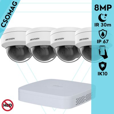 Hikvision 4 dome kamerás analóg megfigyelőrendszer 8 MP biztonsági kamera, 2.8 mm fix objektív, IK10 vandálbiztos, IR 30m, fém ház, kültéri