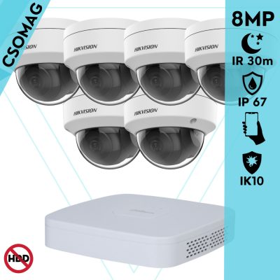 Hikvision 6 dome kamerás analóg megfigyelőrendszer 8 MP biztonsági kamera, 2.8 mm fix objektív, IK10 vandálbiztos, IR 30m, fém ház, kültéri