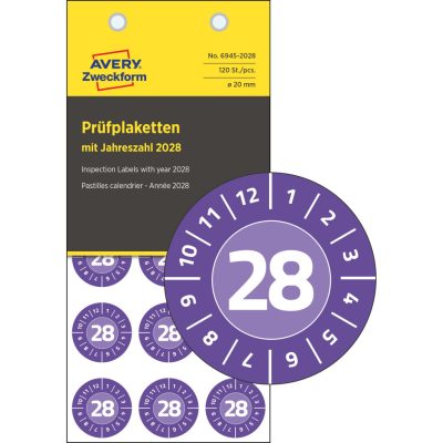 Avery Zweckform No. 6945-2028 ibolyakék színű, 20 mm átmérőjű, öntapadós biztonsági hitelesítő címke, 2028-as évszámmal, 12 hónapos beosztással - kiszerelés: 120 címke / csomag