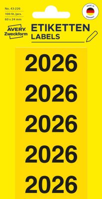 Avery Zweckform No. 43-226 sárga színű 60 x 24 mm méretű, 2026-os évszámmal előre megnyomtatott, öntapadó címke, permanens ragasztóval - kiszerelés: 100 címke / 20 ív