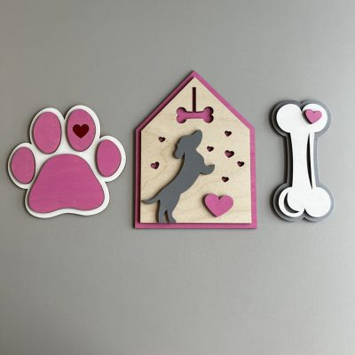 Kutyás fali dísz szett – tappancs, kutyaház és csont
