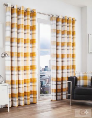 Fusion Balmoral Check – Modern Skót Kockás Ringlis Függöny, Sárga/Szürke