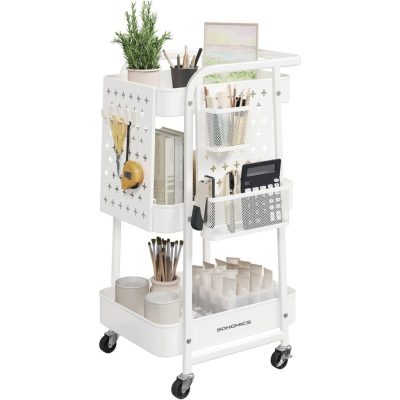 Tárolókocsi 3 fémhálós polccal fehér színben