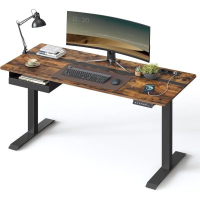 Állítható magasságú elektromos íróasztal konnektorral és fiókkal, 140 x 60 cm barna-fekete