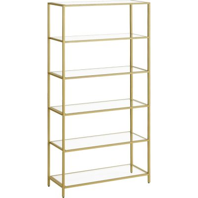 Könyvespolc, 6 szintes üvegpolc fém kerettel, arany színű