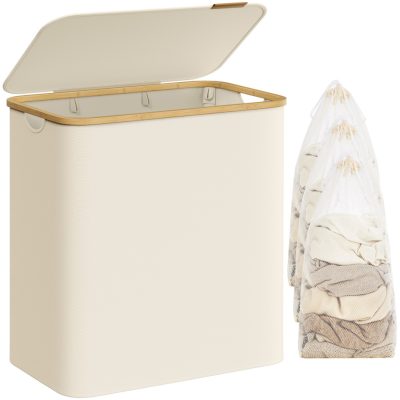 Fedeles mosókosár, 3 részes, 150L, levehető bélés, összecsukható, krémfehér