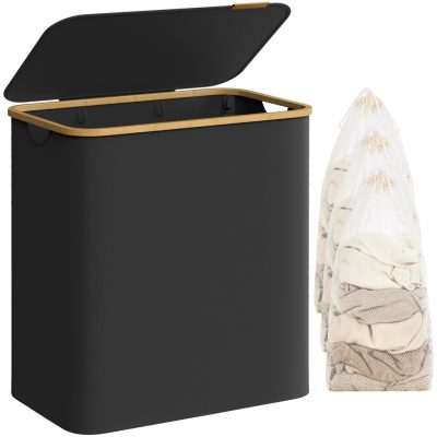 Fedeles, 3 rekeszes mosókosár, 150L, levehető bélés, összecsukható, fekete