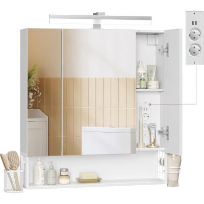 Fürdőszobaszekrény led világítással, konnektorokkal, 16,5 × 70 × 75 cm, felhőfehér színben