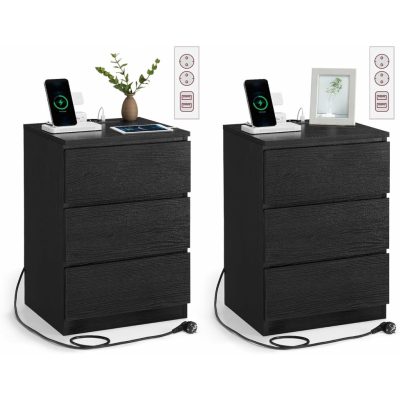 Éjjeliszekrény 2 darabos szett, 2 hálózati aljzattal és 2 usb-porttal, fekete színben