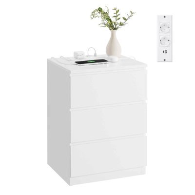 Éjjeliszekrény, oldalasztal 3 fiókkal, 2 ac aljzattal és 2 usb porttal, fehér
