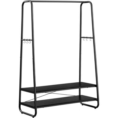 Ruhatartó állvány, ruhafogas 2 polccal és 6 darab s alakú akasztóval, fekete színben