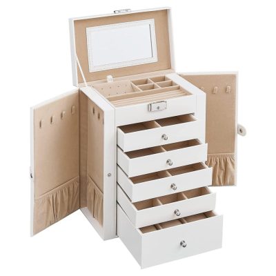 Nagy ékszerdoboz fiókokkal, 6 szintes ékszertartó, fehér